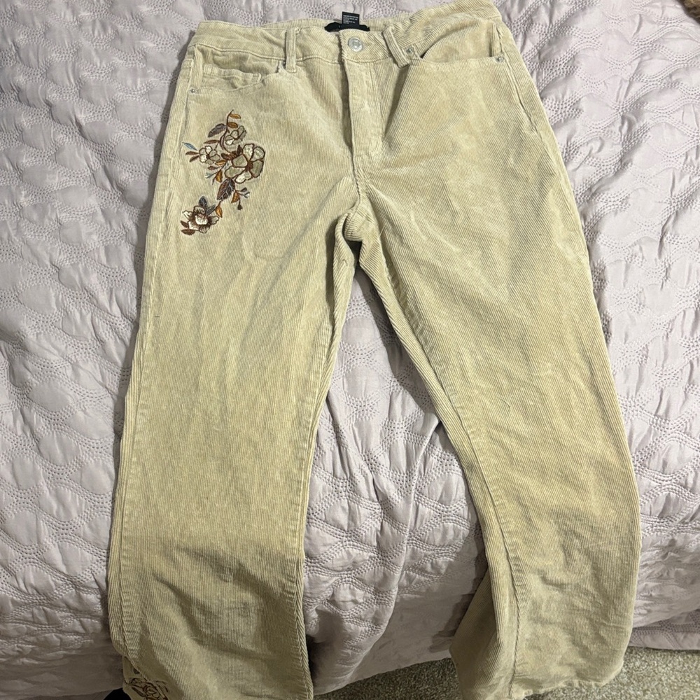 Forever 21 Beige Embroidered Wide Leg Jeans